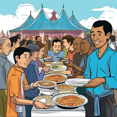 A comic clipart print design in the style of traditional thai art showing of a man with white short hair, a black jacket, blue jeans, while he is serving THAI FOOD to a large group of people