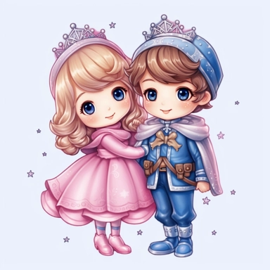 Cute pink snow Princess and blue prince Sublimation Clipart, Illustration clipart, 4K, extremely detailed Sublimation Clipart,Cartoon,hyper realistic, intricate detail, illustration style,high solution,on the white background