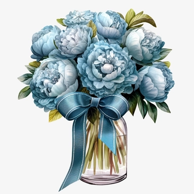 Watercolour realistic pastel blue peony flower bouquet in glass vase with beautiful ribbon bow tied around it intricately realistically detailed pastel blue peony bouquet, PNG image,transparent background ,ultra highly detailed, 18k, sharp focus, bright photo with vibrant colours, digitally enhanced,photographic, enhanced graphics, png format, straight, sharp focus, bright lighting, intricate detailed png image ,high definition,300dpi,graphic clipart,computer graphics
