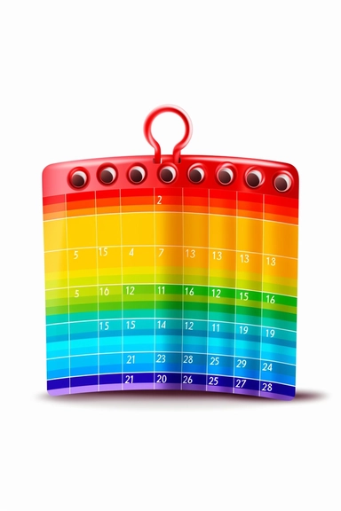 Calendar in rainbow colors , very vibrant colors, cartoon style, white background, clipart, colorful, HD