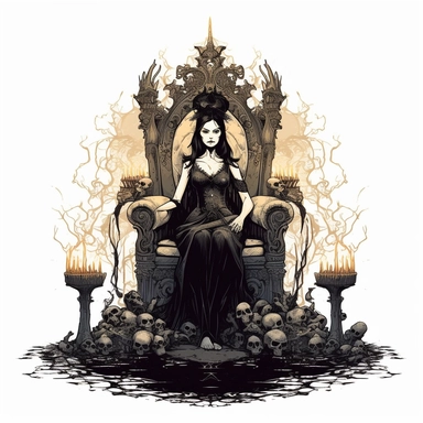 A dark and mysterious digital clipart illustration of a vampire queen sitting on a throne made of bones, wearing a black lace dress, surrounded by candles and skulls, with an intimidating expression on her face, Illustration, digital art, on white background