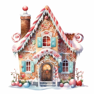watercolor beautiful vintage Christmas gingerbread house candy house with icing fantasy clipart, whimsical, detailed watercolor style, on white background