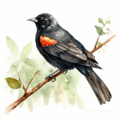 a single watercolor Red-winged Blackbird sitting on a leafy branch clipart, hd, white background, spaced out