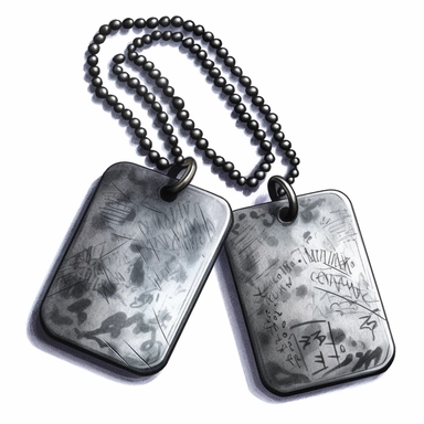 a clipart gallery of a pair of blank dog tags on a chain, world war 2, oil painitng, white background, photo realistic, gritty realism