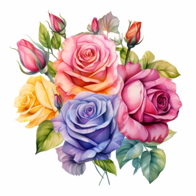 Imagine a stunning watercolor clipart featuring an exquisite arrangement of roses. The artwork is created in a vector format, allowing for sharp and precise lines. The roses are the focal point of the composition, radiating with vivid colors that are sure to captivate your imagination. Against a clean white background, the vibrant hues of the roses pop, creating a visually striking contrast. The petals of the roses are delicately rendered, showcasing their softness and beauty. Shades of red, pin