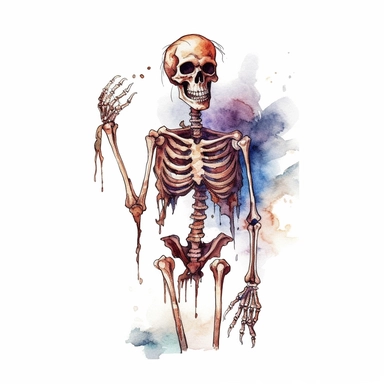 mystical cartoon scary watecolor halloween skeleton clipart, hd 4k, detailed, focused, isolated on white background