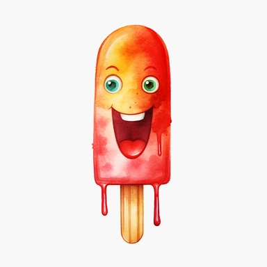 illustration, watercolour clipart, summer, one tall red popsicle, white background, emoji smiling face, cute, animated shape, emotive face