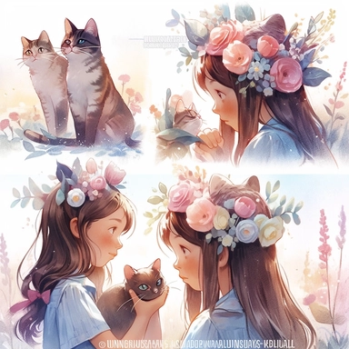 2 girls, cat girls, Little girl exploring, rainbow and flowers, illustration for book, children's book, 2 clipart, fiorucci angels, beautiful decoupage paper, pastel colors, clipartm, fantasy art, squirrel ears, perfect eyes, detailed body, Watercolor Clipart, strybk, full Illustration, 4k, sharp focus, watercolor, smooth soft skin, symmetrical, soft lighting, detailed face, concept art, watercolor style, strybk, children's style fairy tales, chibi kawaii, Octane rendering, 3d. Perfect face, det