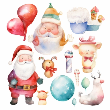 watercolor clipart on a white background santa claus, christmas gifts, snowman, candy, gift, sock, mittens, bell, sled, hat, delicate colors, 10 elements