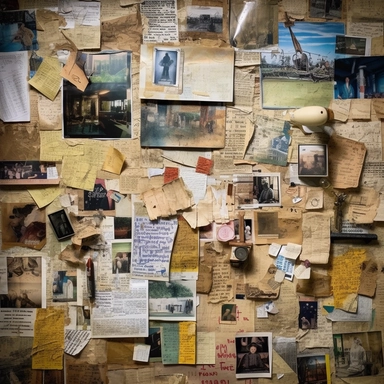 color photo of an Investigation Board full of old and new pictures and notes, close-up of one corner, unorganized, chaotic, messy, cluttered, overwhelming, textured, intricate, complex, detailed, with torn edges, faded colors, scribbles, post-its, lines, arrows, dates, labels, names, faces, maps, charts, graphs, and newspaper clippings — night, dimly lit, with a single lamp casting shadows and highlights on the board — camera settings: Canon EOS 5D Mark IV, Kodak Portra 800 35mm film, Canon EF 5