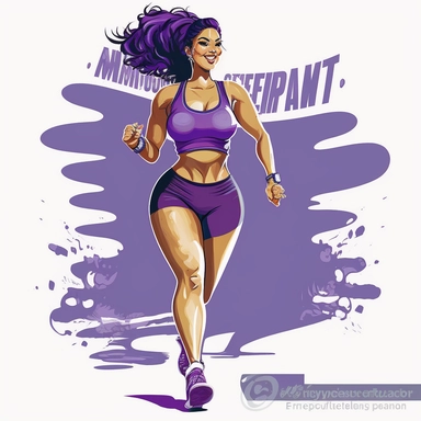 clipart full body of fitness woman in 30's wearing purple workout top and shorts walking toward camera, dynamic pose –-no text fonts letters watermark words typography slogans signature