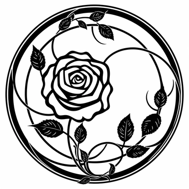 Left aligned, bottom aligned, quarter of a circle, art nouveau style, black lines, detailed, flat design, flat, rose flower, white background, Black and white only, simple design, clipart style,
