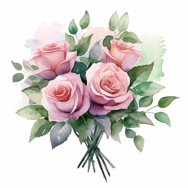 bouquet of pink roses, surrounded by green leaves, watercolor, clipart