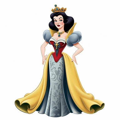 FULL-BODY PERSPECTIVE OF A 2D DISNEY CLIPART ILLUSTRATION OF A BEAUTIFUL AND BENEVOLENT QUEEN, WHITE BACKGROUND, STYLE OF DISNEY'S 1937 MOVIE SNOW WHITE, WHITE BACKGROUND