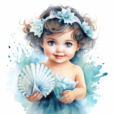 clipart white background: baby mermaid holding a magical conch shell, cute face, watercolor