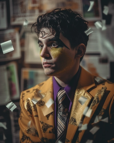 A portrait of the Joker with gold makeup and black hair, in the style of dadaist photomontage, octane render, kintsugi, devilcore, raw character, dark silver and gold, sony alpha a7 iii. Wearing a gold suit with black accents, a purple shirt, and a green
