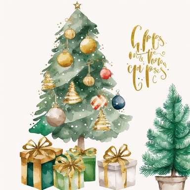 christmas tree with presents clipart, decorated pine tree with christmas golden presents, golden christmas decoration, christmas decor, simple shapes, no lines, no outlines, clipart, featured on dribble, cartoon tree clipart, minimalist, computer vector graphic design clip art, watercolor illustration clipart, watercolour clipart, watercolor illlustration for kids and children, book illustration, print on demand image, PNG tranparent background