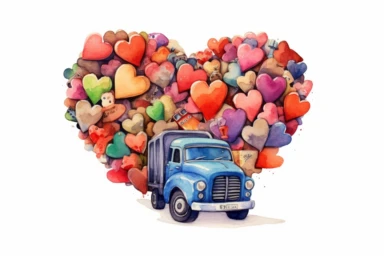 Watercolor, Craft a heart shape using intertwined transportation vehicles clipart, hd, on a white background, spaced out