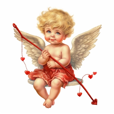 vintage adorable little cupid with red hearts, full body, clipart style, accurate details, oil painting technique, super high quality, professional clipart, high resolution, isolated white background
