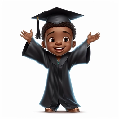 A little black light-skinned boy graduate in black graduation attire, cap and gown on, arms up, disney clip art