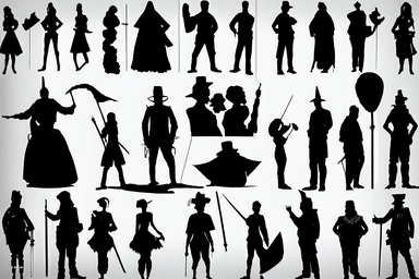 silhouettes of soldiers, jugglers, clowns, minstrels, beggars, vagrants, hoboes, madmen. Bizarre, whimsical, random, victorian, theatrical, funny. Black and white clipart collection, white background