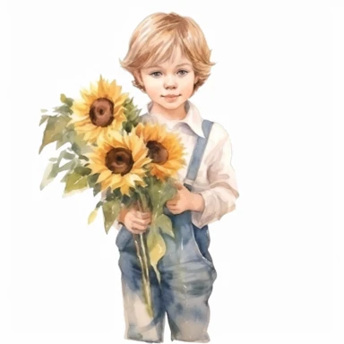 Little boy with bouquet of sunflowers in his hands fashion illustration clipart, watercolor style, realistic and highly detailed, on white background, HQ, HD