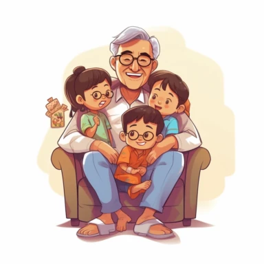 cartoon style, clipart, Asian dad with his grandkids sitting on his lap