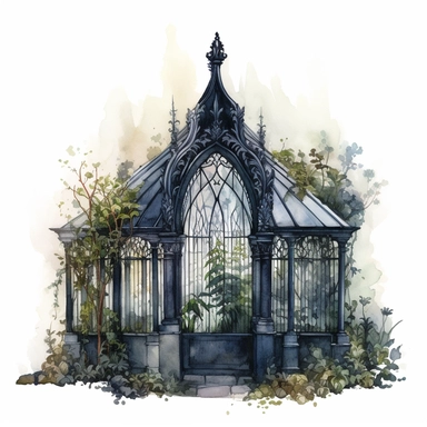 A gothic greenhouse filled with rare, dark flora, creating an air of mystery and wonder clipart, white background, watercolor drawing