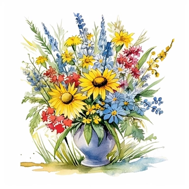 Watercolour Meadow-Inspired bouquet Extra large, Create a meadow-inspired arrangement by combining native UK and American flowers that bloom in meadows, Mix cowslips, cornflowers, and red campions from the UK with black-eyed Susans, goldenrods, and butterfly weeds from Americaplanted in a wooden wheelbarrow watercolour flower arrangement, clipart, vector, intermingled with greenery, white background, no captions, no vase, flower bed setting, aspect 2:2 repeat 5