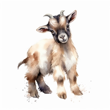 baby dwarf Nigerian goat, very detailed and realistic, watercolor, white background with margins, clipart style