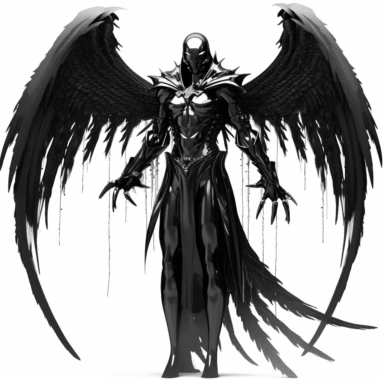 image of a dark archangel mythological figure, sci-fi style, white background, clipart
