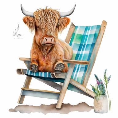 Highland Cow in a deck chair, Watercolor, Clipart, Farm Animal, clipart, white background