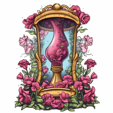 Clipart, A charming hourglass nestled amidst flowers, isolated on a white background with a wide margin