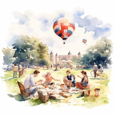 A classic American picnic in a park, with checkered blankets, wicker baskets, and people playing Frisbee and flying kites, american style, watercolor, clipart