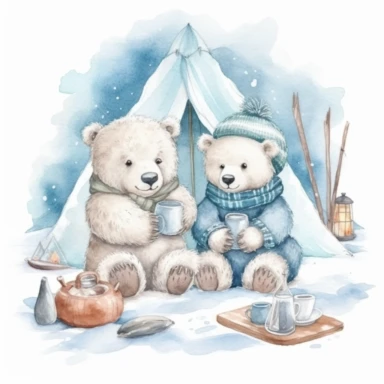 Cute winter Watercolor Clipart , cute 2 Bears enjoy winter fishing at igloo,eskimo style costume, snow winter ,white background, cozy, Hand drawn illustration, naive drawing style, Delicate pencil drawing texture, white background for removing background