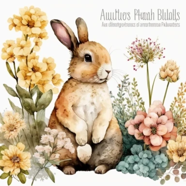 adorable watercolor bunny clipart illustration sitting among flowers, transparent background