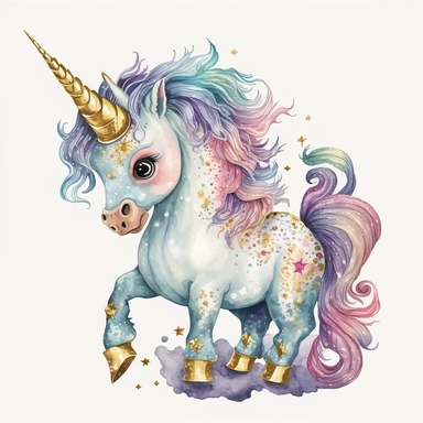 fantasy baby unicorn, clipart watercolor illustration, aquarallist, cute, big eyes, colourful, unicorncore, fairycore, free brushwork, watercolor, light and bright, four legs, gold horn, sparkle, skarklecore, detailed, isolated on a white background,