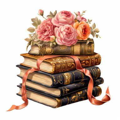 Make a clipart of a fairytale victorian watercolor book stack with detailed binding on a table, shabby chic, with bright colors of peach and pink, roses, gold accents, black outlines, hd, white background