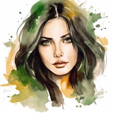 watercolor clipart of a beautiful dark brown long haired woman with green eyes a dimple on her cheek dark arched eyebrows plus size full body