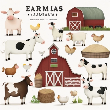 Farm Animals Clipart Set, Barn, Farmyard Animals, Sheep, Cow, Horse, Chicken, Farm Animals PNG, Cute Farm Animals, Tractor, Sublimation with white background and without letters
