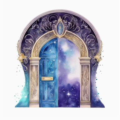 Watercolor Celestial Door Clipart, half open fantasy magic door, high detail, high quality, white background