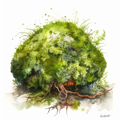 Design a captivating clip art image of moss in a watercolor style with a white background. The moss should evoke a sense of enchantment and tranquility. Focus on the lush green carpet of moss, depicting its delicate texture and intricacies. Use shades of green, ranging from vibrant to muted tones, to create depth and realism. Pay attention to the tiny details of individual moss strands and the velvety appearance of the moss patches. Consider adding elements like small stones or a gentle tricklin