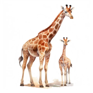 cute giraffe calf, standing tall next to its mother, warm pastel colors, clipart, on a white background