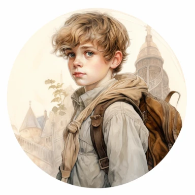 very beautiful boy with schoolbag, vintage, white background, round clipart with pastel color, detailed and lovely Renaissance painting