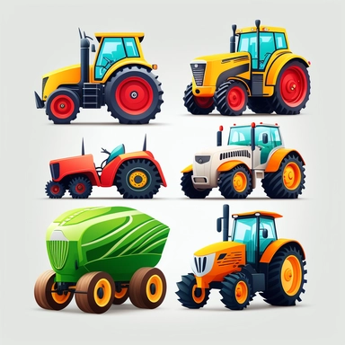 colourful vibrant agricultural vehicles, each front profile view, detailed vector clean illustration, clipart, svg, white background