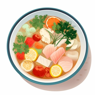Canh chua: A bowl of clear soup with white fish slices, tomatoes, pineapples, beansprouts and various herbs. , simple illustration, cartoon vector style, clipart, white background