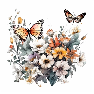 bright watercolor wild floral and butterflies clip art design for wedding invitations with a thick black outline and white background