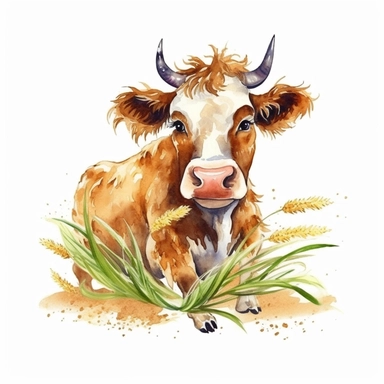 Painted cartoon illustration of cow chewing wheat spikelets, clip art, digital art, HD, white background, watercolor, white liner, no paint drips