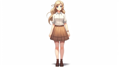 front view of an animated pretty girl standing, wearing shirt and skirt character design, full body, drawing face with maximum quality, 4K, high quality drawing of face, clipart, full illustration, sharp, focus, smooth soft skin, symmetrical, detailed face, concept art, fairy tale style, vey beautiful, 3D, octane rendering, 3D, perfect face, detailed face, perfect sharp lips, delicate face, detailed eyes