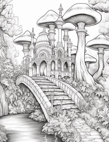 coloring book page, isolated images, illustrations on a white background, Enchanted Forest, waterfall, mushrooms, castle, Clipart, Fairy Forest, greatest for coloring , coloring book page, realistic, bridge, isolated, fussy cuts, highly detailed, hdr, 32K, photo expert quality, coloring book page, realistic, hyperrealistic and highly detailed, isolated on a white background